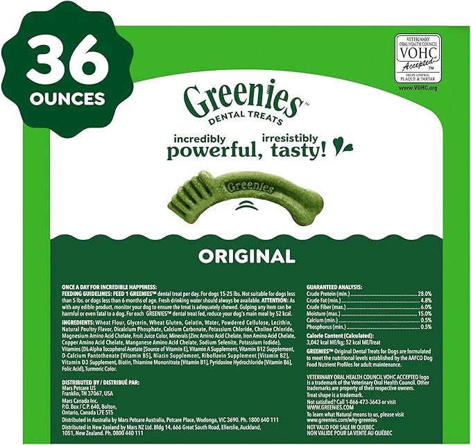 Greenies Veterinarian-Recommended Adult Natural Dental Dog Treats Petite Size, Dog Dental Chews, Original Flavor, 36 oz. Pack, 60 Count