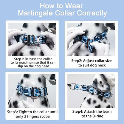 Reflective Martingale Collar for Dogs Nylon Training Collar with No Buckle, No Pull Escape Proof Dog Collar for Medium Dogs（Blue Dinosaur，M）