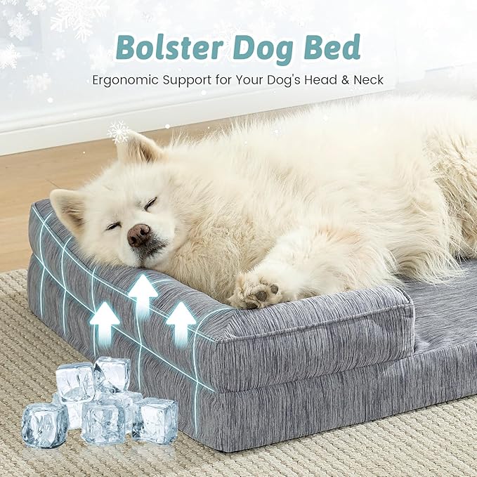 Cooling Dog Bed for Extra Large Dogs 44x32 inch, Q-Max >0.4 Summer Cool Orthopedic Foam Pet Sofa Bed with Sides, XL Size Bolster Anti-Slip Couch with Washable Removable Cover, Dark Grey
