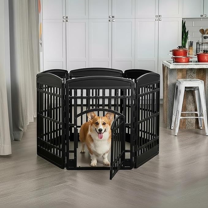 IRIS USA Dog Playpen with Door, 34” 6 Panel Pet Exercise Pen – Indoor Outdoor Puppy Play Pen, Portable Plastic Pet Fence for Small Medium Dogs, Foldable 44” x 63” x 34”, Black