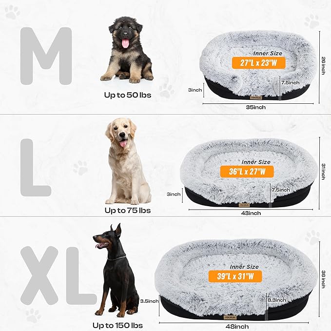 Fluffy Orthopedic Jumbo Dog Bed for Extra Large Dogs, Calming Plush Sofa Bed with Curved Bolster Support, 48" Cozy Oval Pet Donut Bed with Washable Cover, Gray