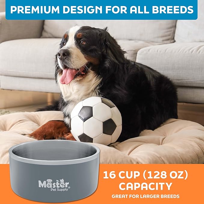 Master Pet Supply Stainless Steel Dog Bowls - 128 oz, Heavy Duty - Graphite, Double Wall Extra-Thick Insulated, Non-Slip Pet Water Bowl for Dogs, Cats & Pets, Anti Rust Metal, Dish Washer Safe