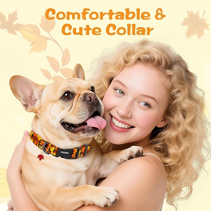 Kazazoo Dog Collar Cute and Soft Nylon Puppy Collar for Boy and Girl, Adjustable Dog Collars for Medium Large Dogs, Maple Leaf-L