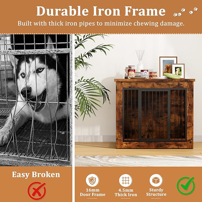 Greesum Modern Dog Crate Furniture That Doubles as a Side Table - Sturdy Wooden Kennel with Double Door Design, Equipped with Soft Cushion & Chew-Resistant Resign, Suitable for Dogs
