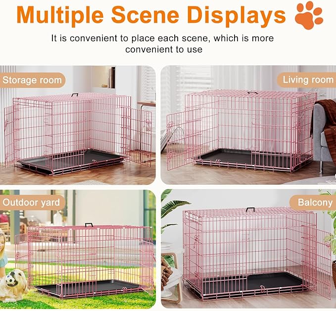 FDW XL Dog Crate 48inch Dog Cage Foldable Metal Kennel with Leakproof Tray Foldable Design Indoor Outdoor Use for Extra Large Dogs,Pink