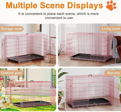 FDW XL Dog Crate 48inch Dog Cage Foldable Metal Kennel with Leakproof Tray Foldable Design Indoor Outdoor Use for Extra Large Dogs,Pink