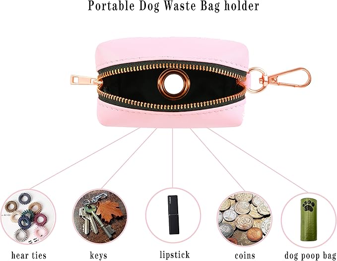 Dog Collar and Leash Set.Soft and Easy to Clean Vegan Leather with Rose Gold Metal Buckle for Small Medium Large Dogs (Pink-, Poop Bag Dispenser)