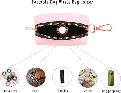 Dog Collar and Leash Set.Soft and Easy to Clean Vegan Leather with Rose Gold Metal Buckle for Small Medium Large Dogs (Pink-, Poop Bag Dispenser)