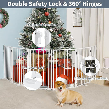 Metal Freestanding Dog Gates with Door for Outdoor Indoor,120'' Extra Wide 32'' Tall Free Standing Dog Gate for Doorways,Large Openings,Deck,Yard,Porch,Foldable Pet Fence(White,6 Panels)