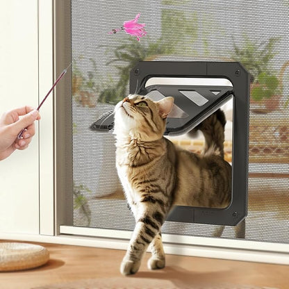 LIBBEPET Cat Door for Screen Door, Lockable Cat Screen Door for Cats & Small Dogs Up to 20 lbs, Magnetic Flap Opening 7 x 9 inches, Equipped with Interactive Cat Toy & Installation Tools, Black