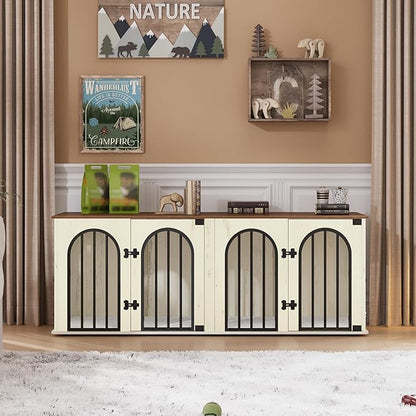 Hzuaneri 63" Dog Crate Furniture for 2 Dogs, Heavy Duty Indoor Dog Kennel TV Stand, L Wooden Dog Cage with Divider for Medium Large Dogs, End Table Dog Crate with Cushion, White Brown DFC80914BV1