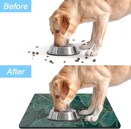 Rnivvi Dog Food Mat, 12" x 19" Flower Absorbent Dog Cat Bowl Mat for Food and Water, Cute Anti-Slip Rubber Pet Feeding Rug Protect Floors, Puppy Placemat for Feeding & Watering Supplies, Tropical