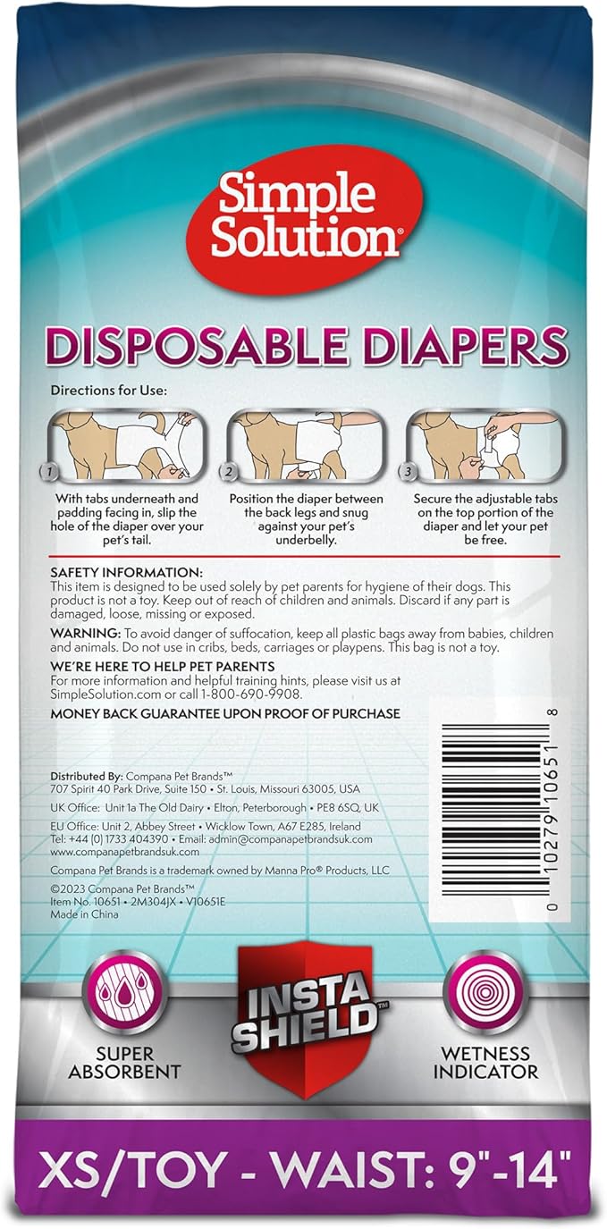 Simple Solution Disposable Dog Diapers, Female Dog Diapers, Puppy Potty Training, Incontinence and Heat Cycle Protection, Extra Small Diapers for Dogs, 9-14 Inch Waist, 30 Count
