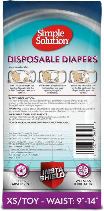 Simple Solution Disposable Dog Diapers, Female Dog Diapers, Puppy Potty Training, Incontinence and Heat Cycle Protection, Extra Small Diapers for Dogs, 9-14 Inch Waist, 30 Count