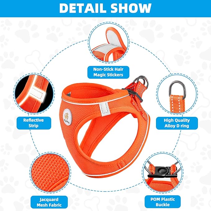 Hipubby Dog Harness and Leash Set, No Pull Soft Mesh Puppy Harness for Small Medium Dogs, Cats - Step in Reflective Breathable Lightweight Vest Harness for Walking, Training - Orange, XXS