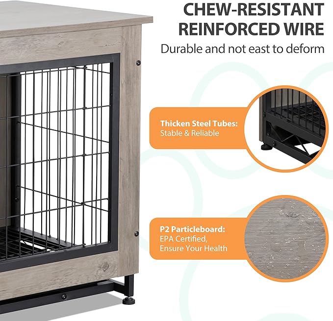 Shintenchi Wooden Dog Crate Furniture for Large Breed, L Double-Door Kennel Indoor with Removable Tray, End Table L Dog Crate for Decoration, 38.6" L, Grey