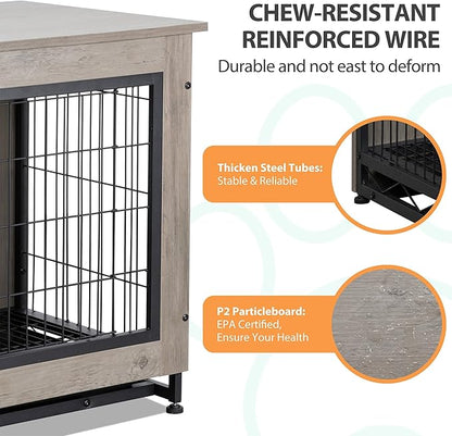 Shintenchi Wooden Dog Crate Furniture for Large Breed, L Double-Door Kennel Indoor with Removable Tray, End Table L Dog Crate for Decoration, 38.6" L, Grey