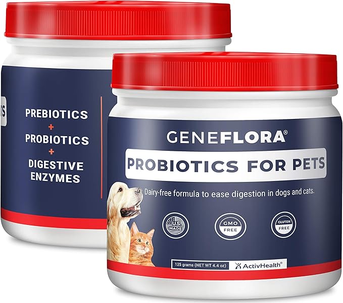 Geneflora Digestive Enzymes Prebiotics & Pet Probiotics for Dogs Powder, Cat, Rabbit, & Dog Probiotics for Digestive Support, 125 Grams, 2 Pack