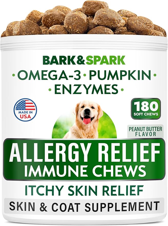 BARK&SPARK Dog Allergy Relief Soft Chews for Skin Health & Seasonal Allergies - Anti-Itch Supplement w/Omega-3, Quercetin & Bromelain Immune Treats for Dry Skin & Hot Spots - Peanut Butter - 180ct