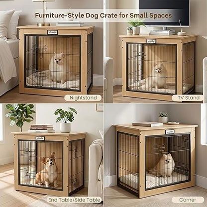Oak Dog Crate Furniture with Reversible Side Door, Wooden Indoor Dog Kennel for Small Medium Dogs, End Table Dog Crate with Double Locks, Heavy Duty Steel Mesh Furniture Style Dog Cage