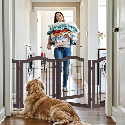 Vantas Folding No-Assembly Dog Door Pet Gate 96" Wide, 30" Tall Wooden Dog Gate with Door Walk Through, Freestanding Wire Pet Gate, Pet Puppy Safety Fence, with 2PCS Support – Espresso
