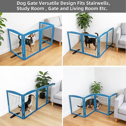 ZJSF Freestanding Dog Fence Indoor, Foldable Dog Gate for Doorways, Stairs or Hallways, Sturdy Wood Extra Wide Pet Gate with Support Feet for The House, Blue, 24 "Height-4 Panels