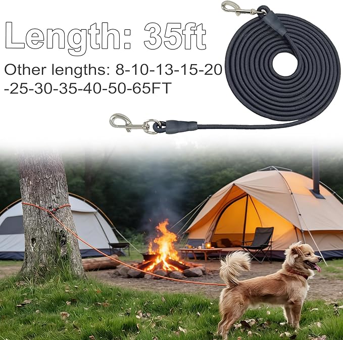35FT Tie Out Rope Dog Leash, Long Tether 8-10-13-15-20-25-30-40-50-65 FT Heavy Duty Nylon Check Cord for Medium Large Dogs Outdoor Playing Camping Backyard (Black, 3/8")