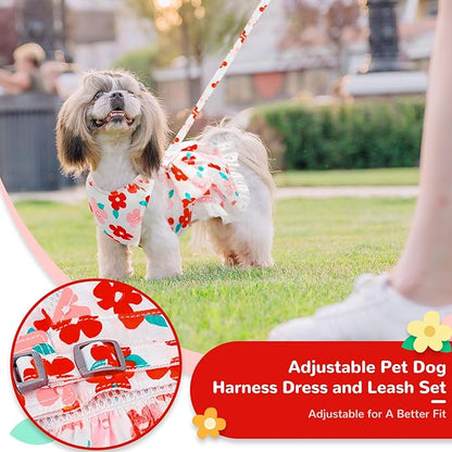 ABRRLO Dog Harness Dress Leash Set for Small Dog Summer Clothes Girl Female Puppy Cats Outfits Cute Floral Bowknot Princess Birthday Dress for Extra Small Pet Doggie Kitten Outfits Apparel(Red,M)
