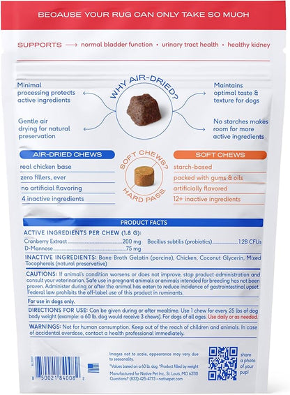 Native Pet Dog UTI Treatment - Cranberry Supplement for Dogs - Supports Normal Bladder Function, Urinary Tract & Kidney Health - Real Cranberry Extract, D-Mannose & Probiotics - Air-Dried - 60 Chews