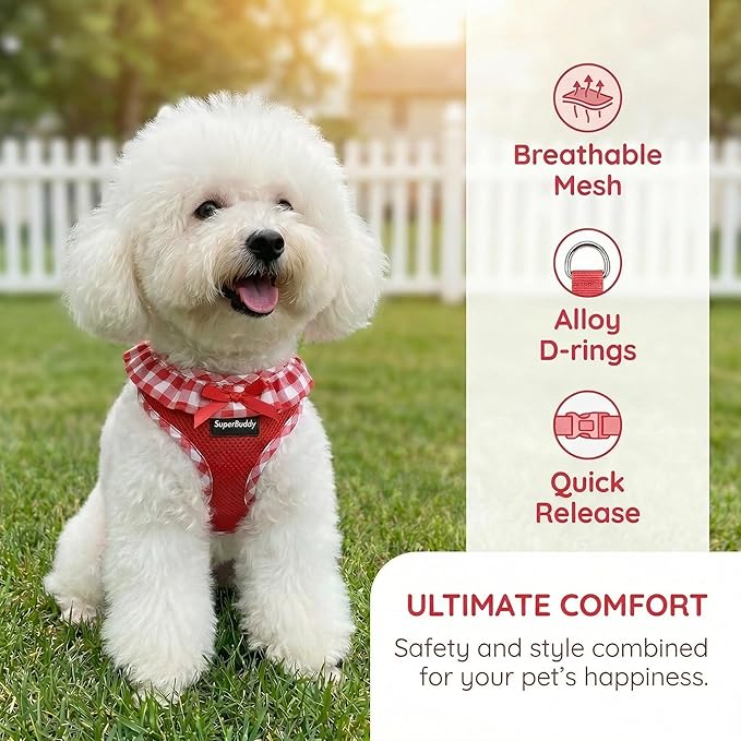 SuperBuddy Upgraded Soft Mesh Dog Harness, Super Breathable Lightweight Pet Harnesses for Puppy Dogs Outdoor Walking, Red Dog Harness -XSmall