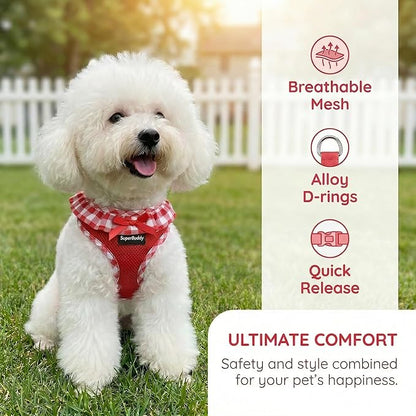 SuperBuddy Upgraded Soft Mesh Dog Harness, Super Breathable Lightweight Pet Harnesses for Puppy Dogs Outdoor Walking, Red Dog Harness -XSmall