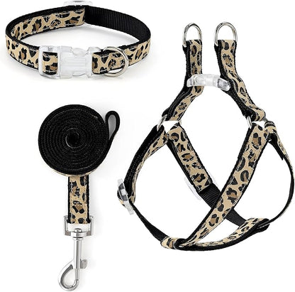 Mile High Life Leopard Dog Harness Collar Leash Set, Adjustable No Pull Dog Halter Harness for Small Breed Dogs, Easy Control for Training Walking (Black, S Chest 11"-18", Neck 10"-14")
