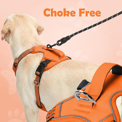 Funfox Dog Harness No Pull, Adjustable Pet Vest Harness, Super Soft Material with Vertical Handle Easy Control, Reflective Night Walking, 2 Leash Clips for Medium Sized Dogs, Orange, M