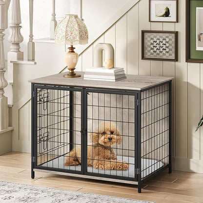MAHANCRIS Dog Crate Furniture with Cushion, Wooden Dog Kennel with Double Doors, Heavy Duty Dog Cage for Small/Medium/Large Dogs, Indoor Dog House End Table, 31.5" L, Greige DCHG0701