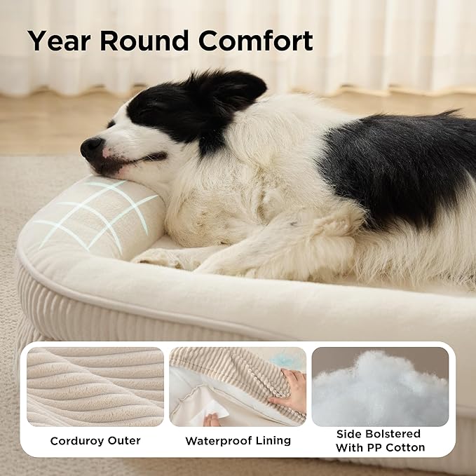 Bedsure XL Pro Orthopedic Dog Beds Large Sized Dog - 360° Oval Bolster Jumbo Dogs Bed for Senior Dogs with Waterproof Washable Cover, Extra Large Pet Sofa Couch with Ultra-Soft Fleece, Beige, 45"