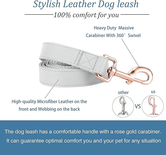 Dog Collar and Leash Set.Soft and Easy to Clean Vegan Leather with Rose Gold Metal Buckle for Small Medium Large Dogs (Grey, S(12.2"-16.9"))