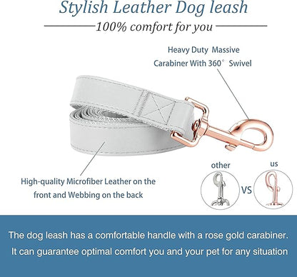 Dog Collar and Leash Set.Soft and Easy to Clean Vegan Leather with Rose Gold Metal Buckle for Small Medium Large Dogs (Grey, S(12.2"-16.9"))