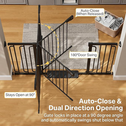 Cumbor 36.6-59" Extra Wide Baby Gate for Stairs, Pressure Mounted Dog Gate for Doorways, Auto-Close Easy Walk Through Safety Child Gate for Kids Toddler, Tall Pet Gates Indoor, Black