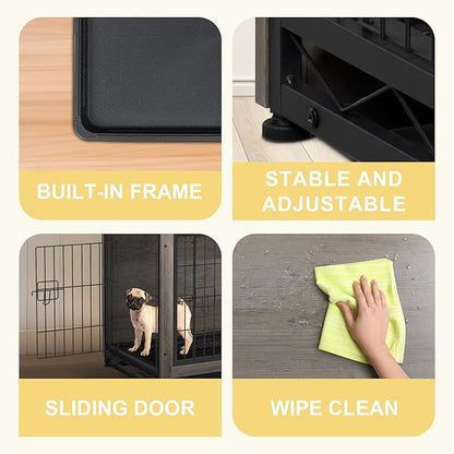 JY QAQA Dog Crate Furniture, Wooden Dog Crate Table, Double-Doors Dog Furniture, Indoor Kennel, Dog Cage/Grey/S