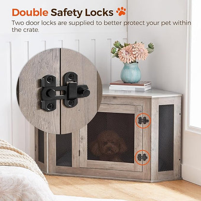 MAHANCRIS Corner Dog Crate Furniture, Wooden Dog Kennel End Table, Decorative Pet Crate Indoor Use, Furniture Style Dog House for Small Medium Dog, Dog Cage TV Stand, Greige and Black DCHG0801