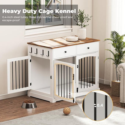40" Dog Crate Furniture, Wooden Dog Kennel Furniture with Storage Drawers, End Table Dog House Indoor, Decorative Dog Crates for Small Medium Large Dog, White