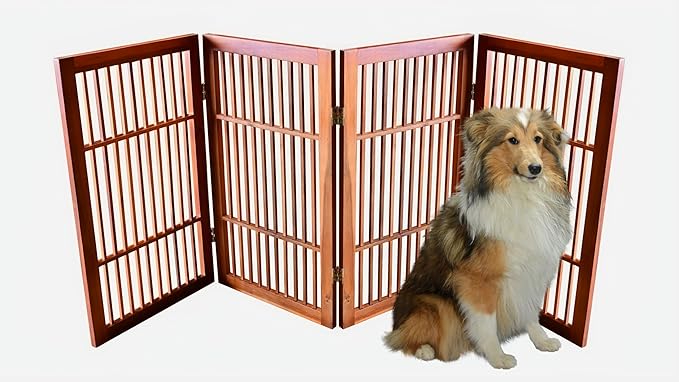 Urnporium Pet Dog Gate Freestanding, Strong Durable Folding Wooden Fence, Portable Acacia Hardwood Safety Barrier for Indoor & Outdoor Use (Brown Pet Gate, 4 Panel 30" Tall)