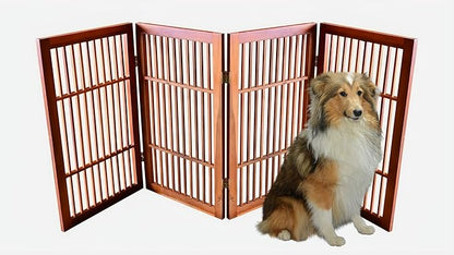Urnporium Pet Dog Gate Freestanding, Strong Durable Folding Wooden Fence, Portable Acacia Hardwood Safety Barrier for Indoor & Outdoor Use (Brown Pet Gate, 4 Panel 30" Tall)