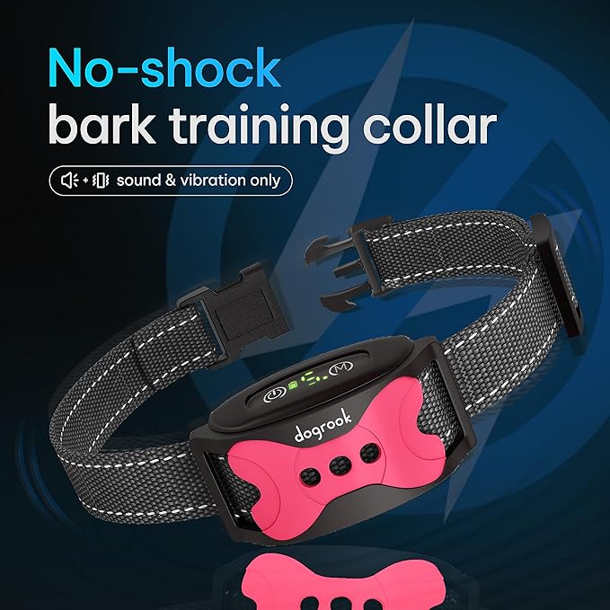 DogRook Rechargeable Dog Bark Collar - No Shock Dog Training Smart Collar - Beep & Vibration Stop Barking Dog Devices - No Bark Collar - Martingale Collars for Large Dog, Medium & Small - 12-110 lbs