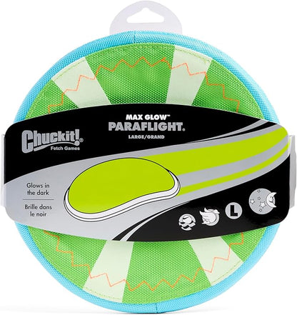 Chuckit! Max Glow Paraflight Flying Disc Dog Toy - Water Floating Flyer - Durable Nylon Construction with Soft Rubber Edges - For Medium and Large Dogs - Size Large - 9.75" L x 9.75" W - Pack of 1