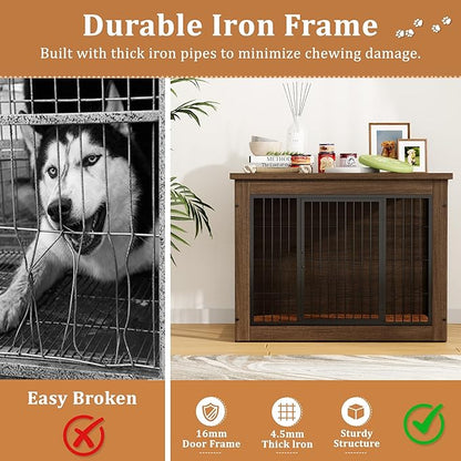 Greesum Modern Dog Crate Furniture That Doubles as a Side Table - Sturdy Wooden Kennel with Double Door Design, Equipped with Soft Cushion & Chew-Resistant Resign, Suitable for Dogs