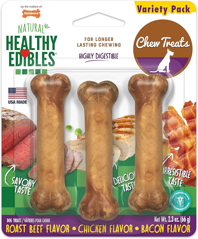 Nylabone Healthy Edibles Natural Dog Chews, Long Lasting Bones for Dogs, Roast Beef & Chicken Flavor Dog Treats, X-Small (3 Count)