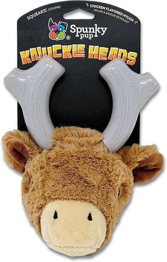 Spunky pup Knucklehead Durable Dog Toy - 2-in-1 Plush & Chew Toy for Aggressive Chewers, Chicken-Flavored Dental Chew, Durable Double-Stitched Squeaker- Deer