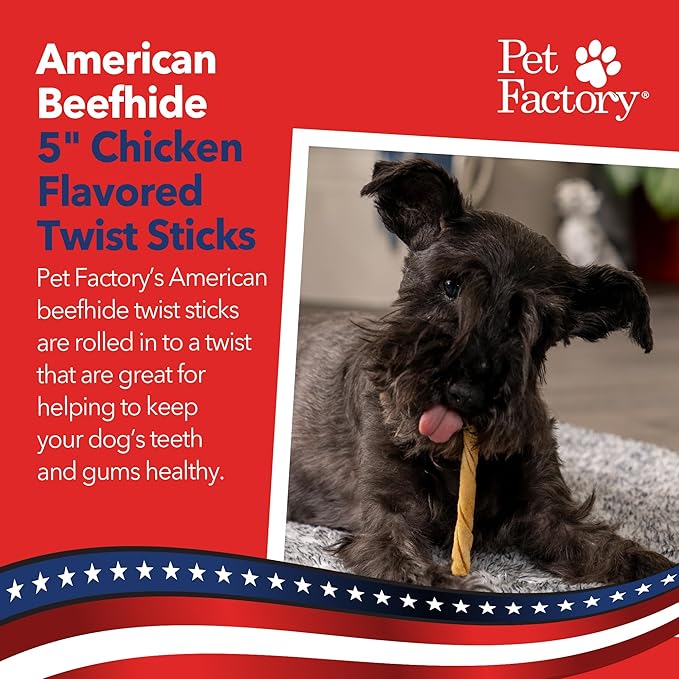 Pet Factory American Beefhide 5in Twist Sticks Dog Dental Chews - Natural Rawhide Dental Chews with Chicken Flavor for Small to Medium Dogs, Promotes Oral Health - 5 Inches (Pack of 1)