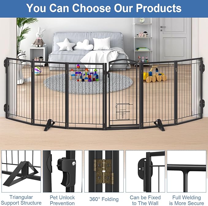 Metal Freestanding Dog Gate with Cat Door for Indoor&Outdoor,120" Extra Wide Foldable Pet Gate,36" Tall Foldable Indoor Dog Fence for Wide Openings Stairs,Deck,Yard,Doorways(6 Panels,Black)